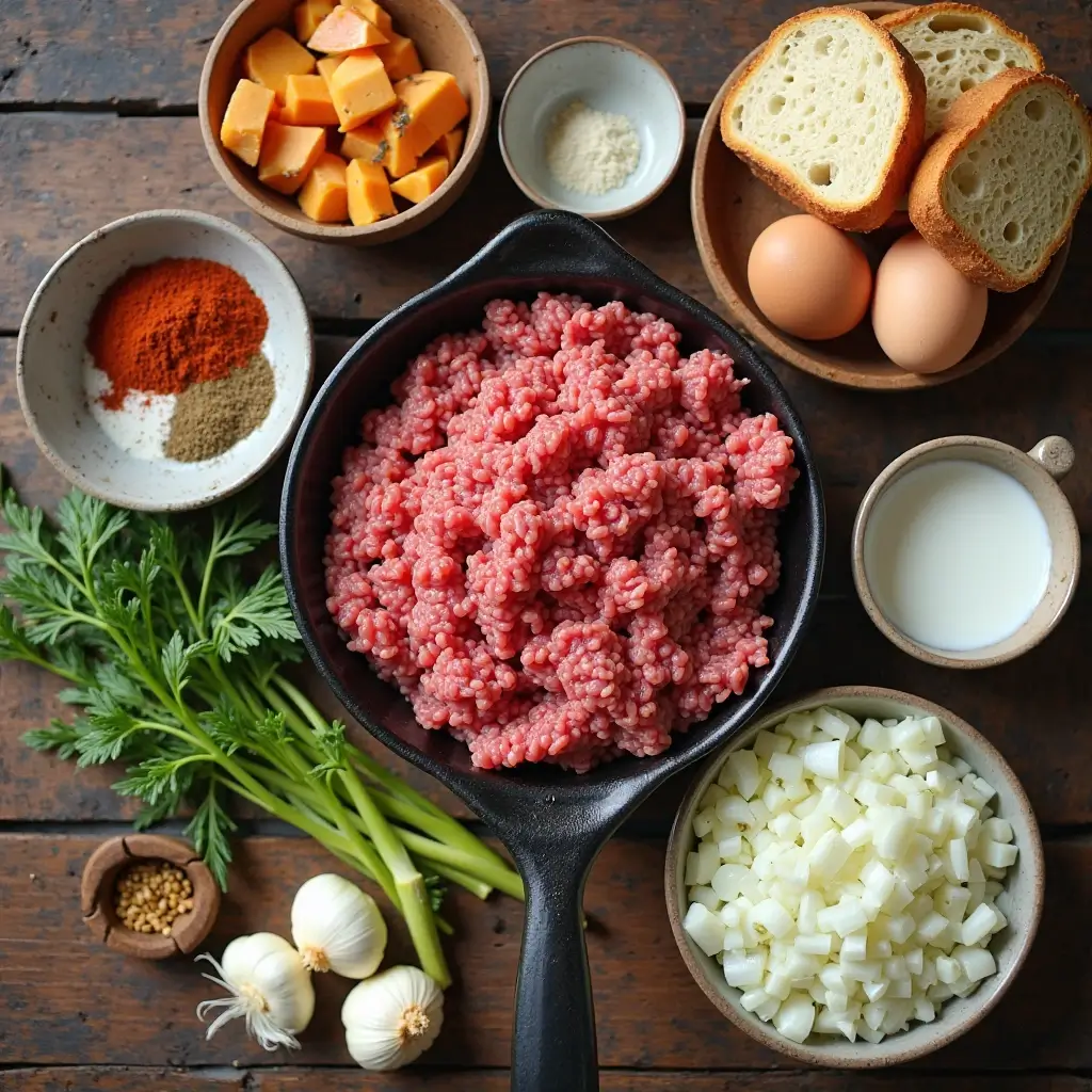 Frische Zutaten für ein Hackfleischgericht: Rinderhack, Zwiebeln, Knoblauch, Toastbrot, Milch, Ei und Gewürze auf der Arbeitsfläche.