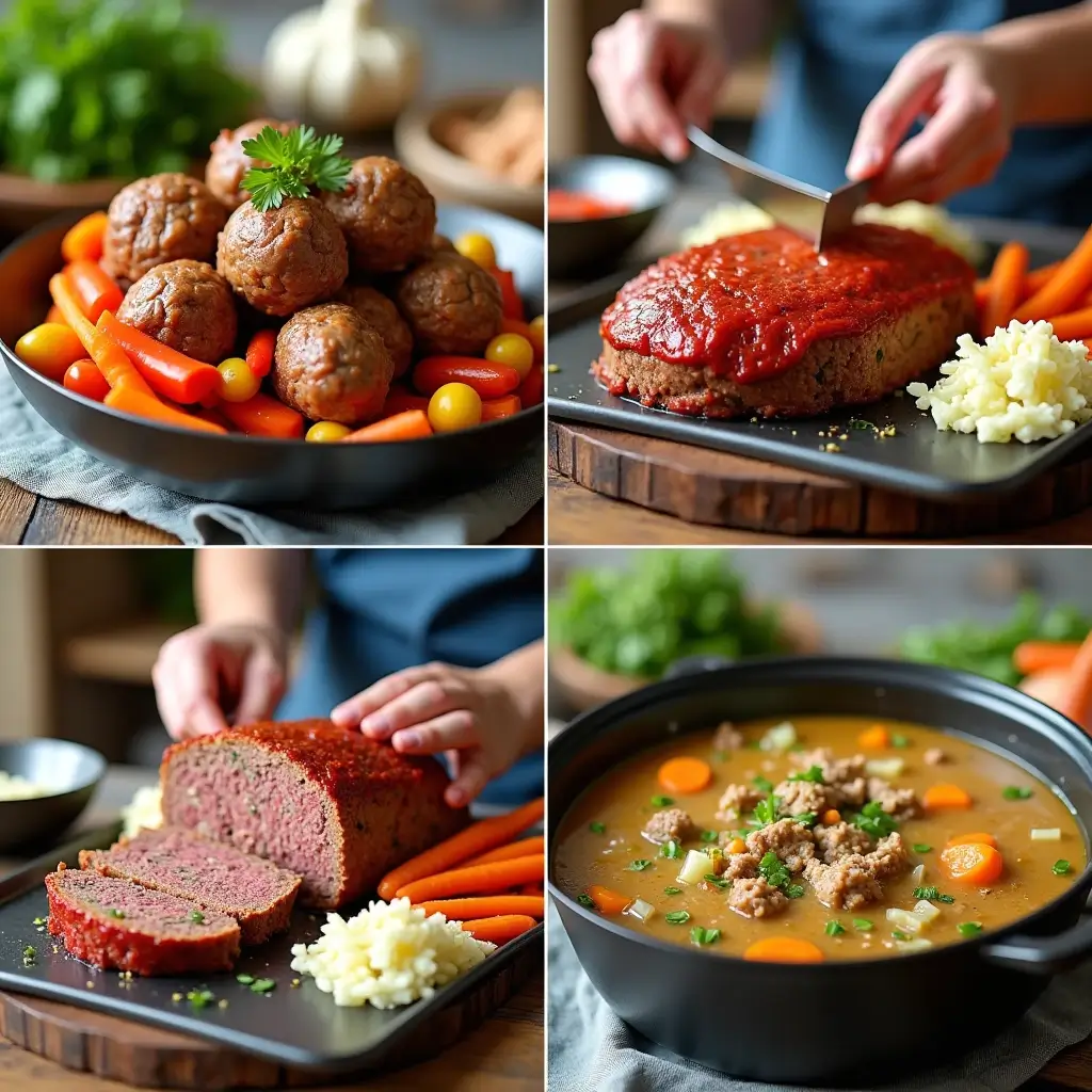 Drei gesunde Hackfleischgerichte in der Zubereitung – Fleischbällchen mit Gemüse, Hackbraten mit Salatkartoffeln und eine Suppe mit Lauch.