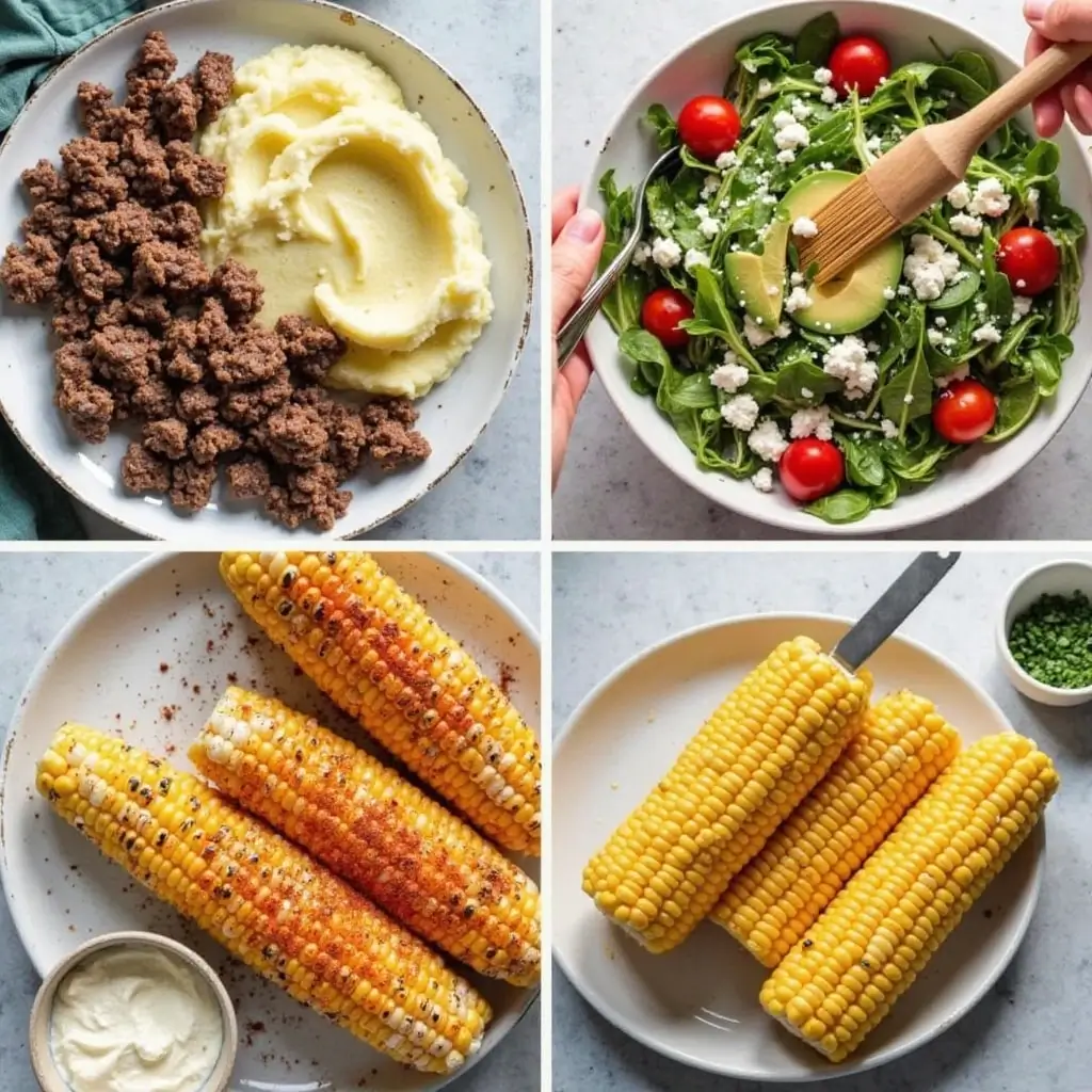 Beilagen für Hackfleischgerichte: Kartoffelpüree, mediterraner Salat, gegrillter Maiskolben und Sauerrahm mit Kräutern.