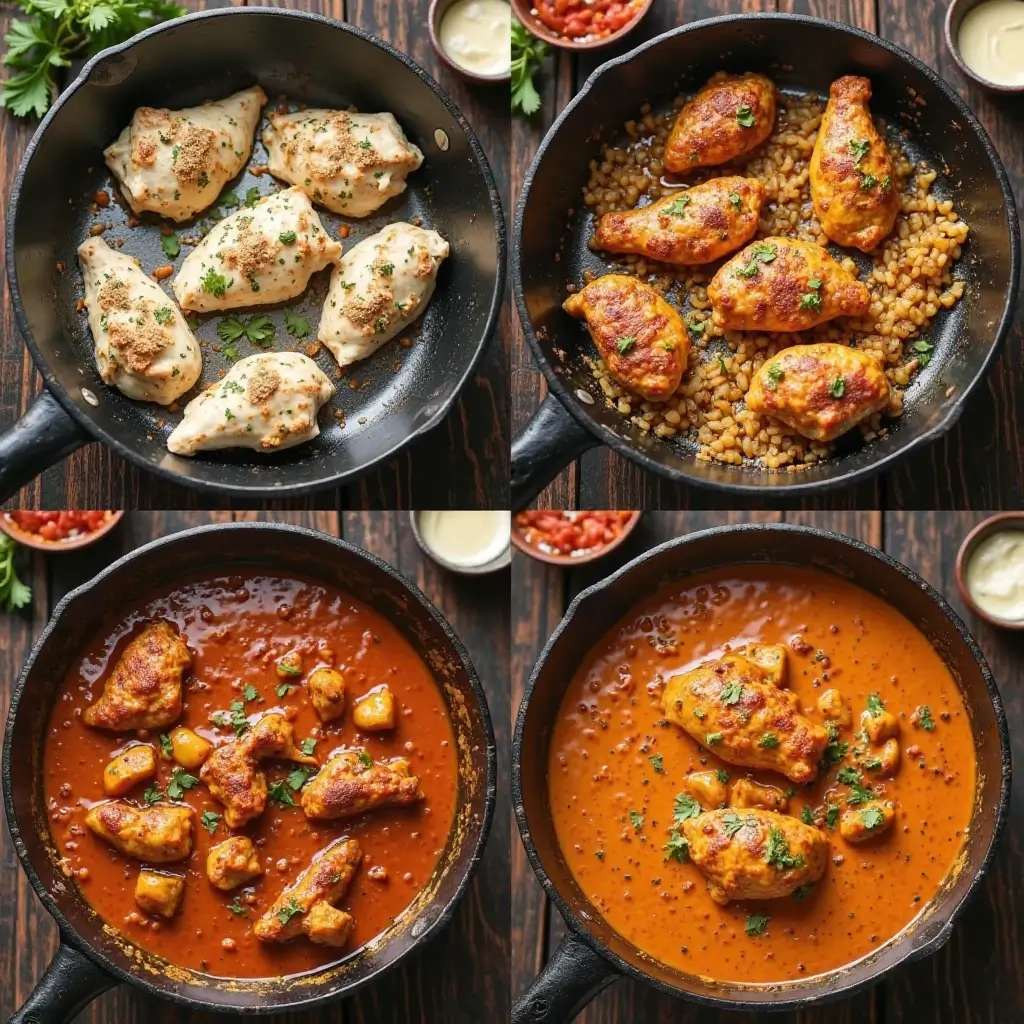 Schritt-für-Schritt-Zubereitung von Butter Chicken in einer Pfanne – mariniertes Hähnchen, Zwiebeln, Knoblauch, Cashew-Tomaten-Soße und cremige Gewürze vereint in einem indischen Gericht.
