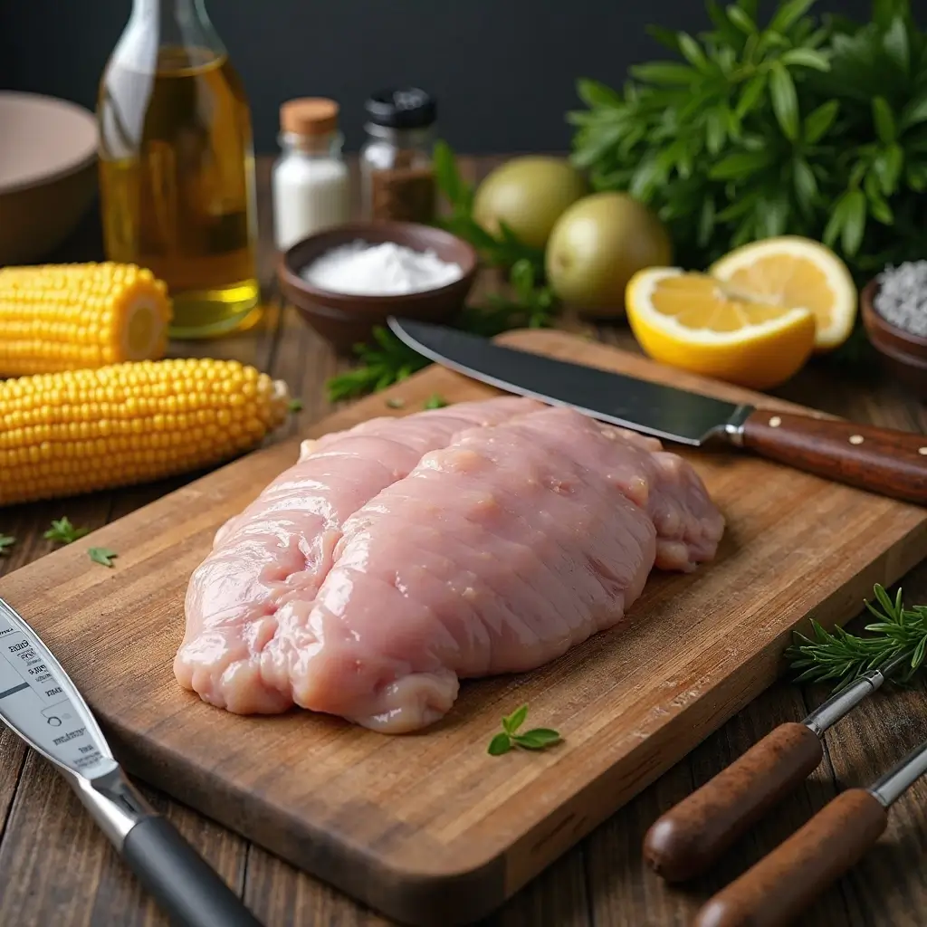 Fresh raw chicken breast and fresh corn cobs with cooking tools including grill pan, knife, meat thermometer, and tongs ready for preparing a delicious chicken and corn dish.