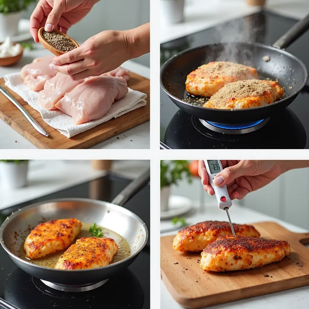 Step-by-step collage of preparing crispy chicken breasts: bringing to room temperature, seasoning, frying in a stainless steel pan, checking internal temperature with a meat thermometer, and resting the chicken for juicy tenderness.
