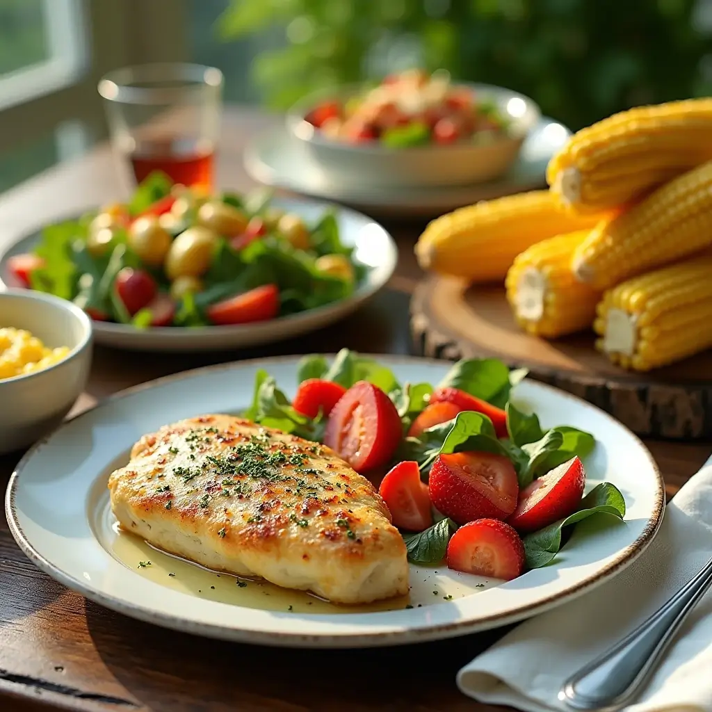 Corn-fed chicken breast served with a variety of side dishes including fresh salads, creamy corn casserole, and grilled corn cobs with herb butter.