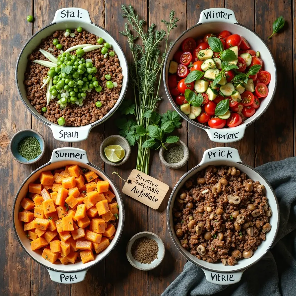 Vier saisonale Varianten eines Süßkartoffel-Hackfleisch-Auflaufs nebeneinander: Frühling mit Erbsen und Bärlauch, Sommer mit Zucchini und Tomaten, Herbst mit Pilzen und Rosmarin, Winter mit Kohl und Gewürzen – alle in einzelnen Auflaufformen präsentiert.