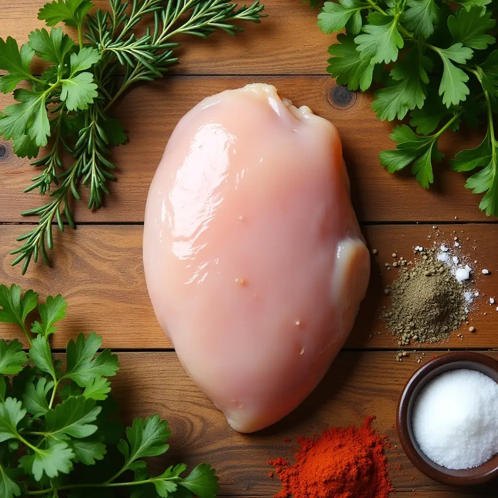Frische Hähnchenbrust mit Gewürzen wie Paprika, Salz und Pfeffer sowie frischen Kräutern auf einem Holzbrett arrangiert.
