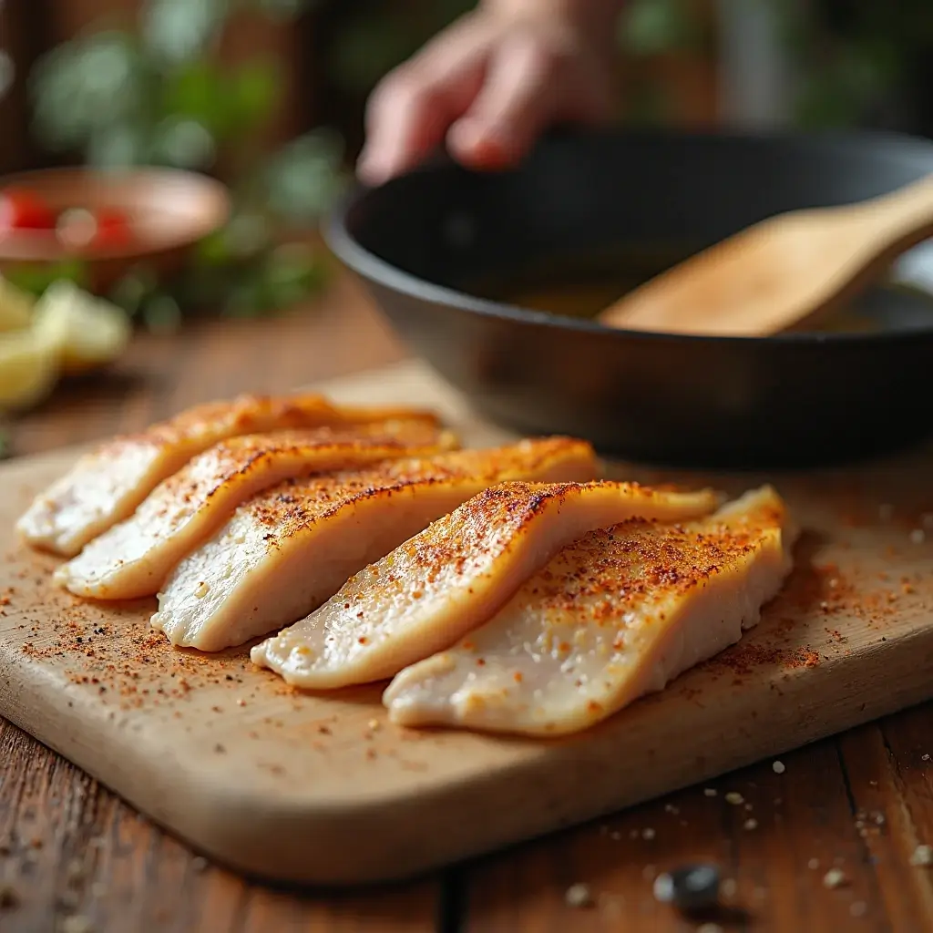 Schritt-für-Schritt-Zubereitung von Hähnchenbrust: Schneiden, in Olivenöl anbraten und mit Salz, Pfeffer und Paprika würzen – alles in einem Bild.
