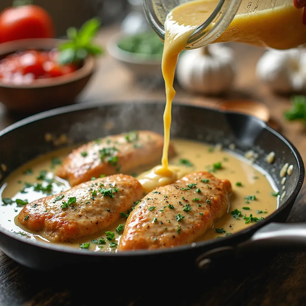 Schritt-für-Schritt-Zubereitung von Hähnchenbrust: Schneiden, in Olivenöl anbraten und mit Salz, Pfeffer und Paprika würzen – alles in einem Bild.