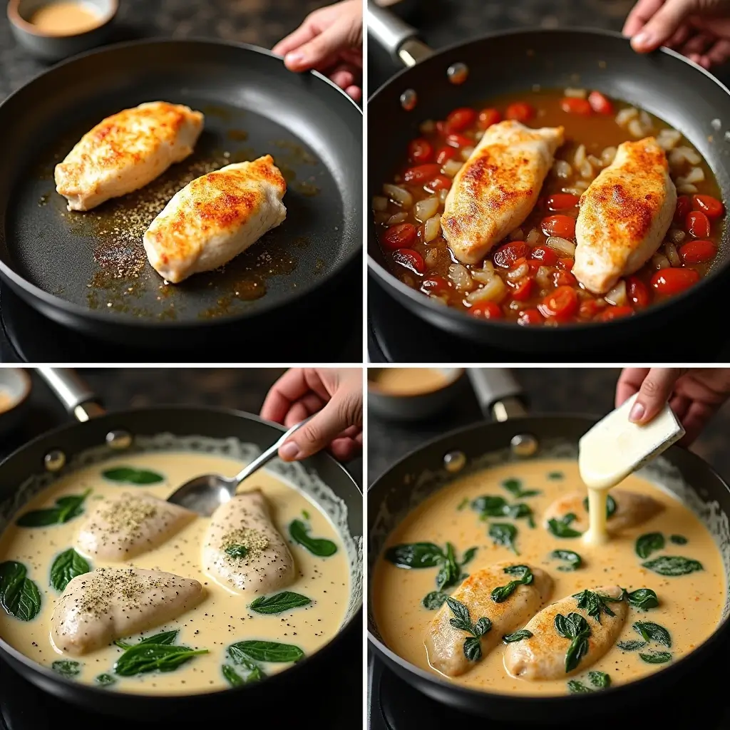 Schritt-für-Schritt-Zubereitung von Hähnchenfilet in Frischkäse-Parmesan-Soße: Anbraten, Soße kochen, kombinieren mit Spinat – das einfache Hähnchenrezept im Überblick.