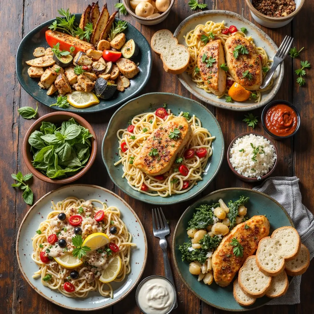 Drei Varianten von Hähnchenfilet in Frischkäse-Parmesan-Soße: vegetarisch mit Tofu und Gemüse, pikant mit Chili, getrockneten Tomaten und Oliven, und leicht mit Spinat und Joghurt – serviert mit Pasta, Reis, Kartoffeln, Salat und Baguette.