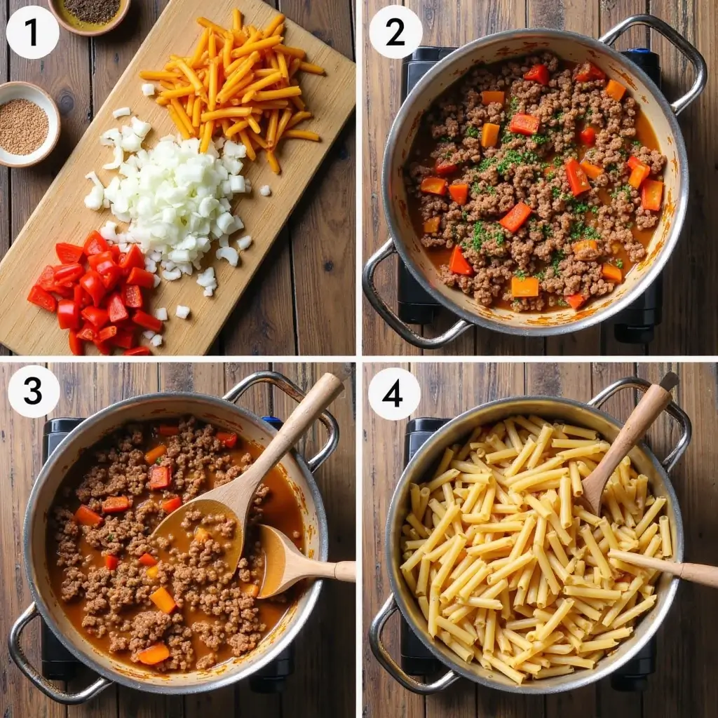 Schritt-für-Schritt-Zubereitung von cowboy-nudeln: Gemüse schneiden, Hackfleisch anbraten, Zutaten kombinieren, Brühe und Nudeln einrühren, cremige Pasta köcheln lassen – von oben fotografiert auf rustikalem Holztisch.