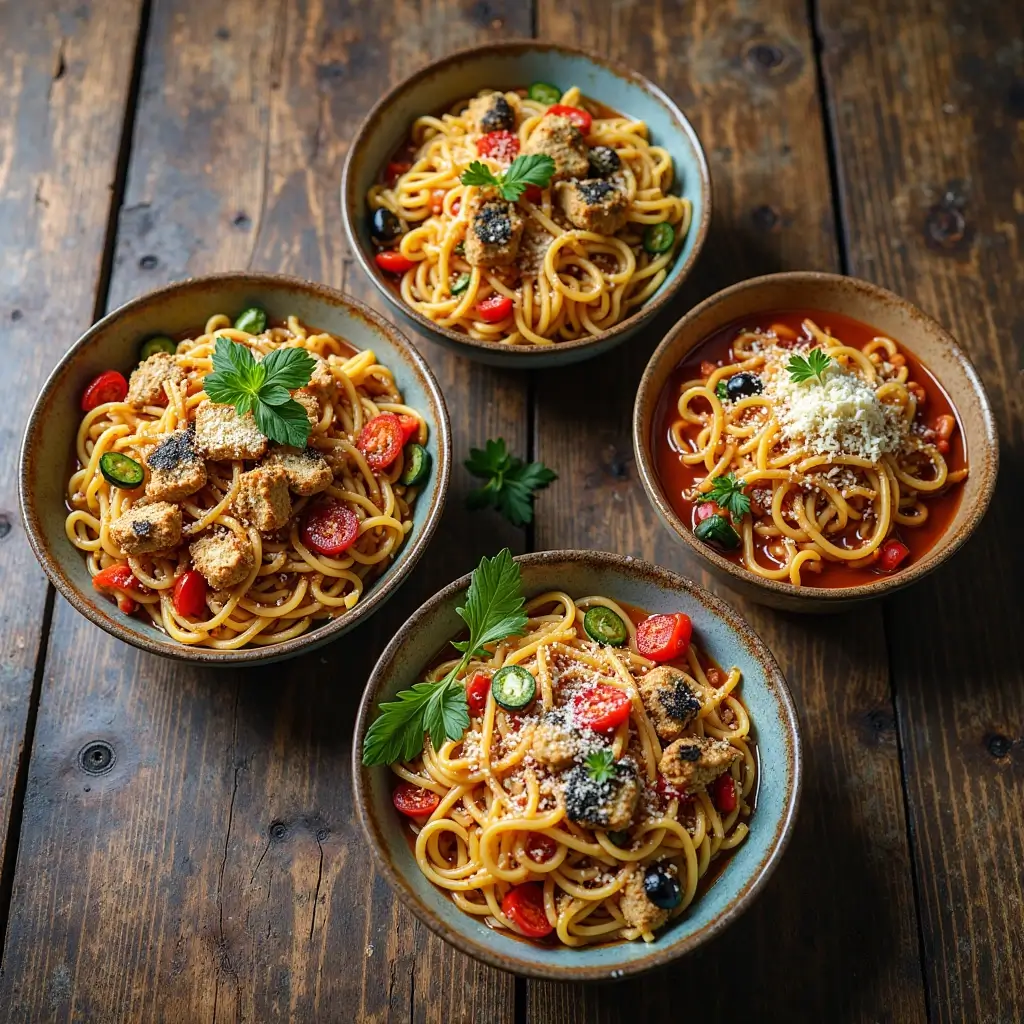 Drei kreative Varianten von cowboy-nudeln in separaten Schalen: vegan mit Tofu und Gemüse, würzig mit Jalapeños und Chili, und Gourmet mit Trüffelöl und Käse – stilvoll serviert auf Holzplatte.