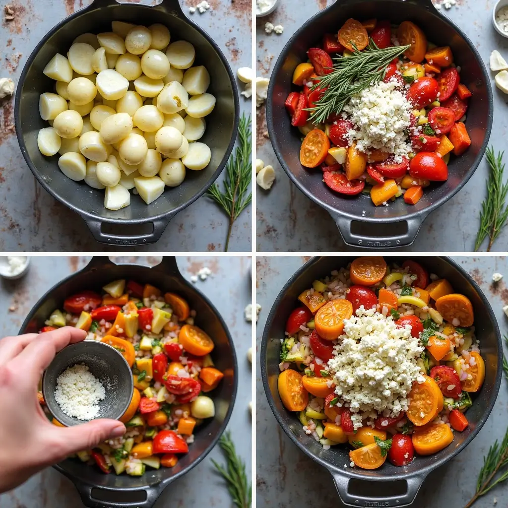 Schritt-für-Schritt-Zubereitung von Feta-Kartoffeln mit Ofengemüse: Gemüse schneiden, würzen, in die Auflaufform geben, mit Feta bestreuen und im Ofen backen.