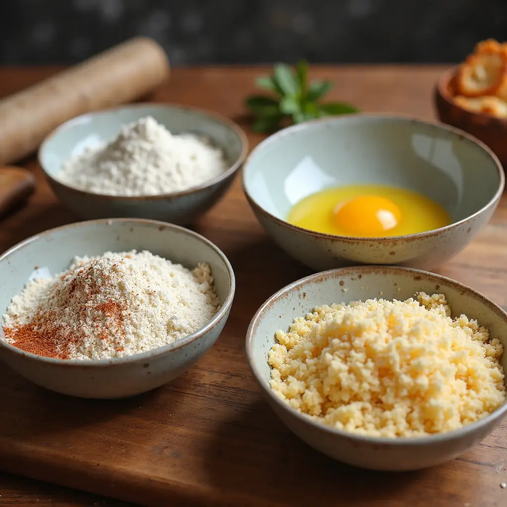 Panierstation für Partyschnitzel mit Mehl und Gewürzen, verquirltem Ei, gerösteten Semmelbröseln und Parmesan – ideal für eine perfekte, knusprige Panade.