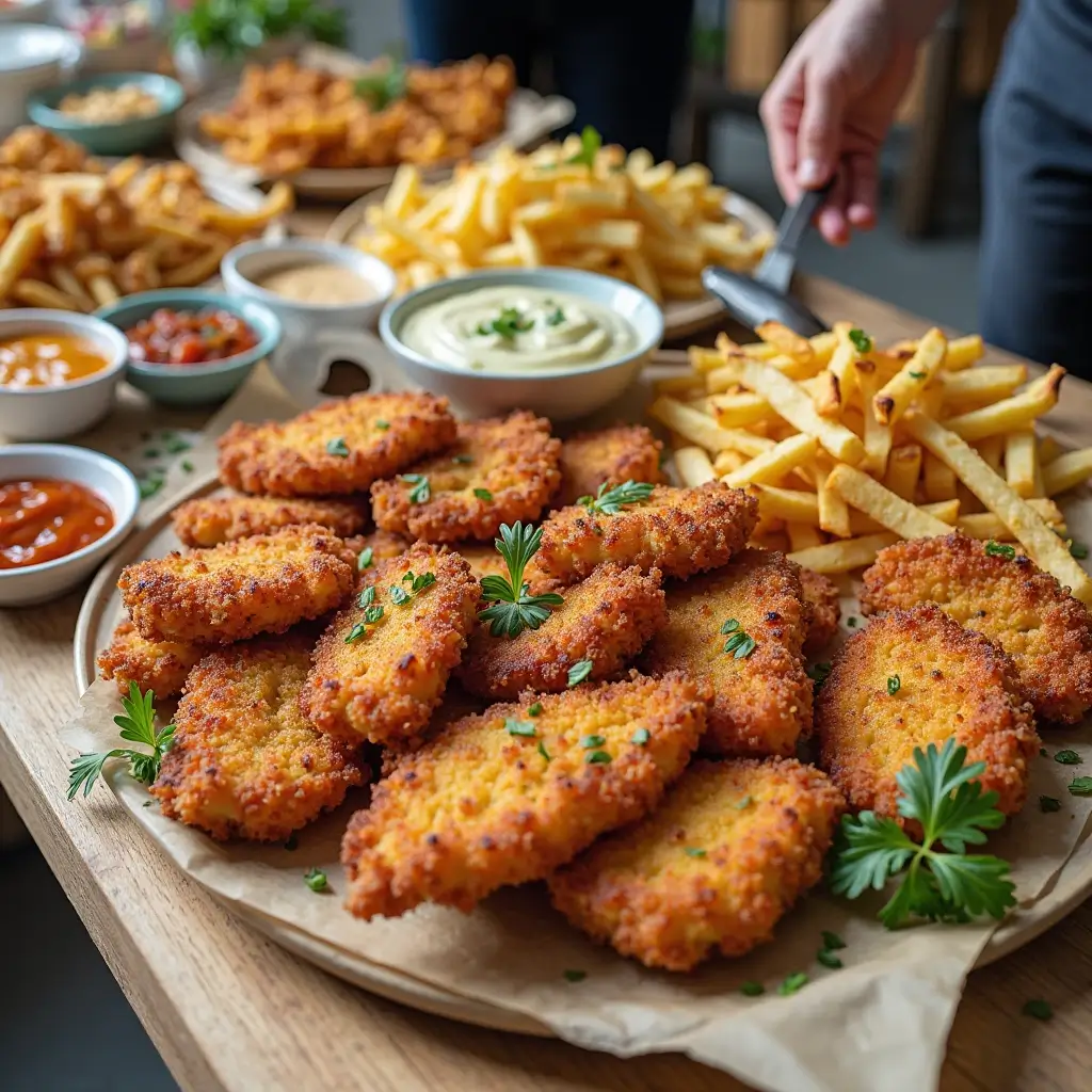 Festlich gedeckter Buffet-Tisch mit kreativen Beilagen für Partyschnitzel – Kartoffelsalat, knusprige Pommes und verschiedene Dips wie Aioli und BBQ-Soße.