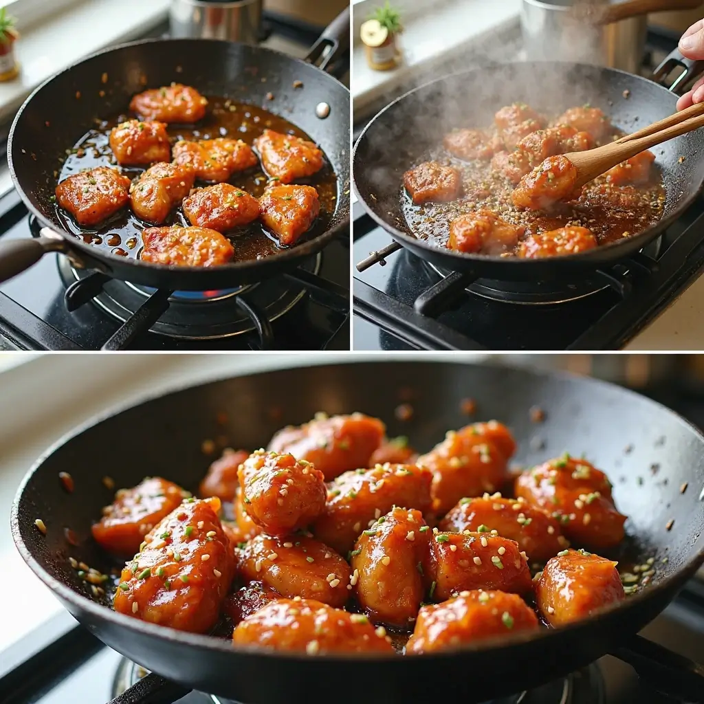 Zubereitung von karamellisiertem Sesam-Hähnchen: mariniertes Hähnchen wird goldbraun gebraten, Sesamsoße hinzugefügt und karamellisiert, serviert in einem Wok.