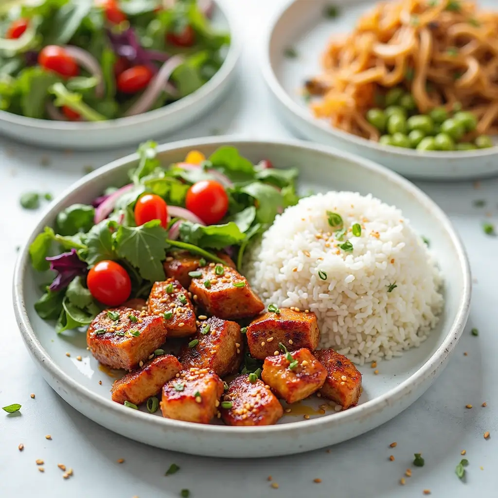 Serviervorschläge für karamellisiertes Sesam-Hähnchen: mit Jasminreis, frischem Salat, Edamame und gebratenem Gemüse, garniert mit frischen Kräutern.