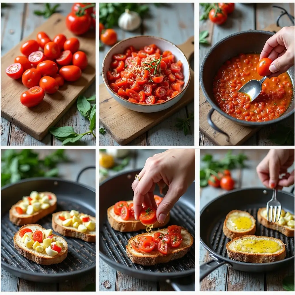 Zubereitung von klassischer italienischer Bruschetta: Tomaten-Knoblauch-Mix, getoastetes Brot in drei Varianten, mit Knoblauch eingerieben und servierbereit mit Olivenöl.