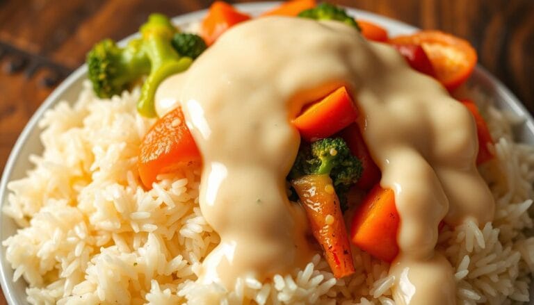 Reis mit Gemüse-Frischkäse-Sauce
