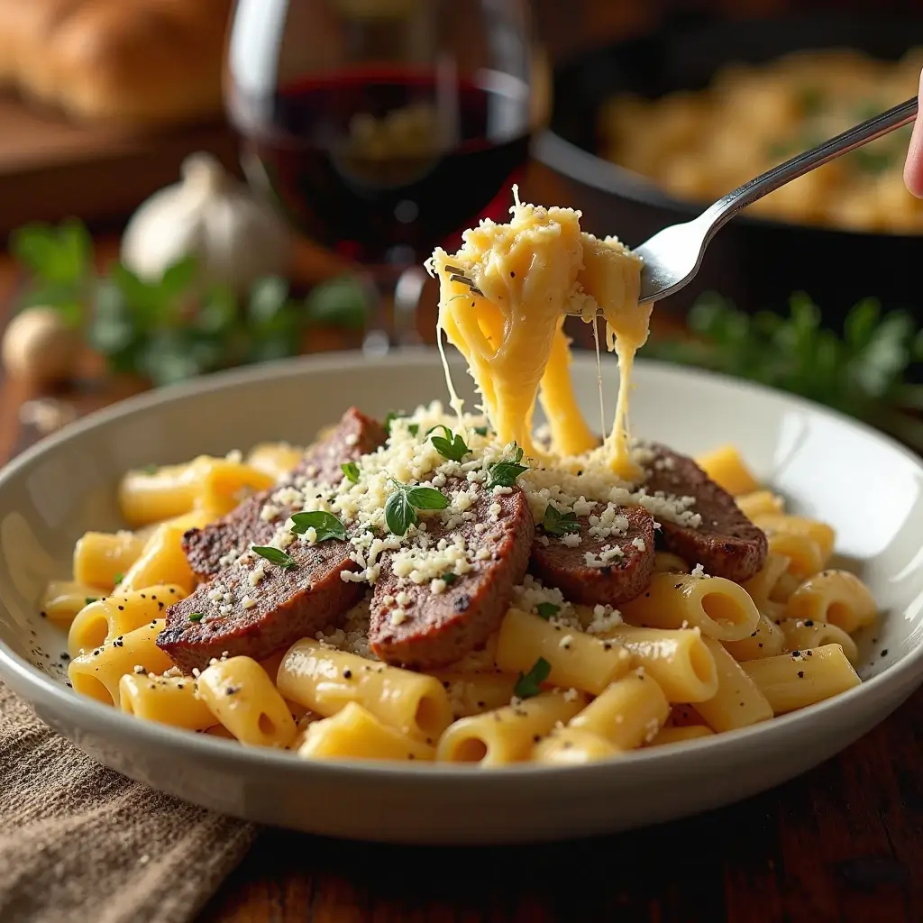 parmesan rindfleisch mit rigatoni