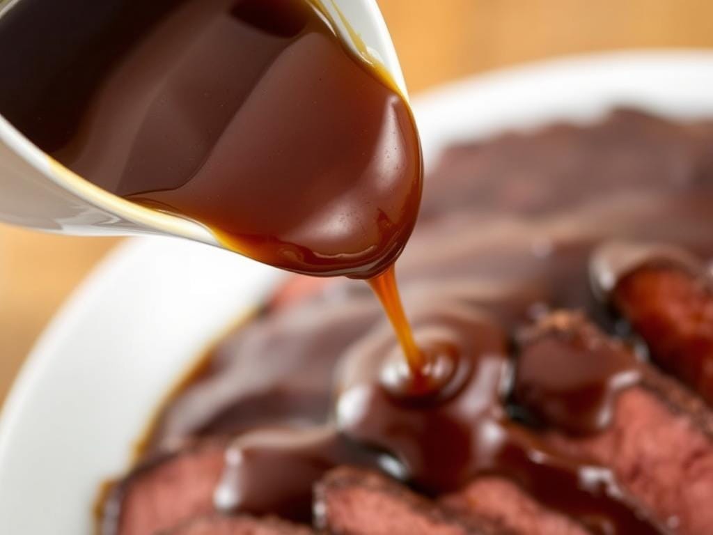 Dunkle Bratensauce wird über Fleisch gegossen Dunkle Bratensauce wird über Fleisch gegossen