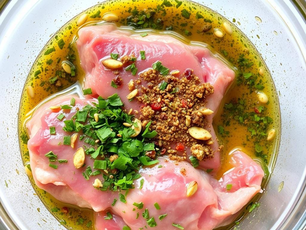 Fleisch in Marinade mit Kräutern und Gewürzen Fleisch in Marinade mit Kräutern und Gewürzen