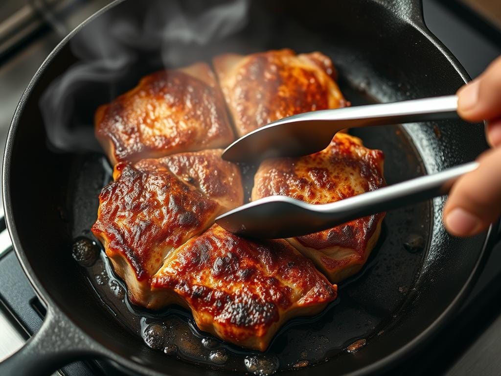 Fleisch wird in einer Pfanne angebraten Fleisch wird in einer Pfanne angebraten