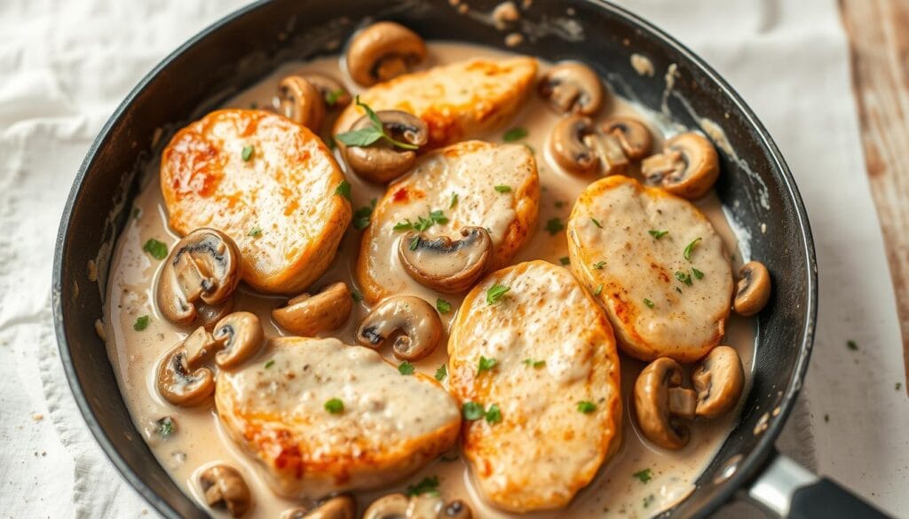 Hähnchen-Geschnetzeltes mit Champignons in cremiger Sauce Hähnchen-Geschnetzeltes mit Champignons in cremiger Sauce