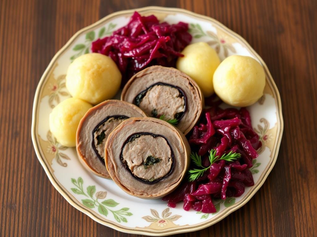 Klassische Rinderrouladen mit Rotkohl und Kartoffelklößen Klassische Rinderrouladen mit Rotkohl und Kartoffelklößen