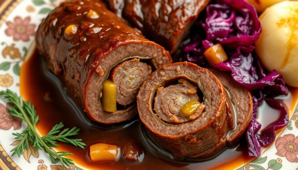 Klassische Rinderrouladen mit Senf, Speck und Gurke gefüllt, in dunkler Sauce Klassische Rinderrouladen mit Senf, Speck und Gurke gefüllt, in dunkler Sauce