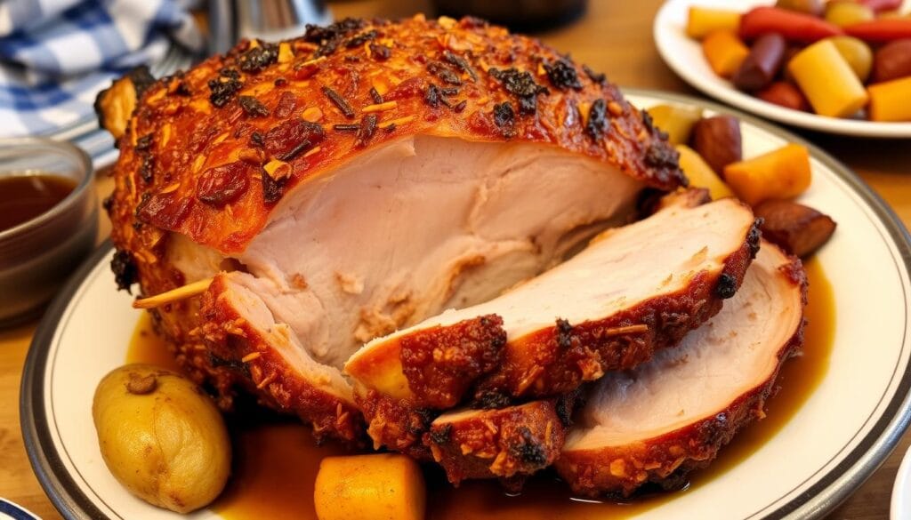 Knuspriger Schweinebraten mit goldbrauner Kruste auf einem Servierteller Knuspriger Schweinebraten mit goldbrauner Kruste auf einem Servierteller