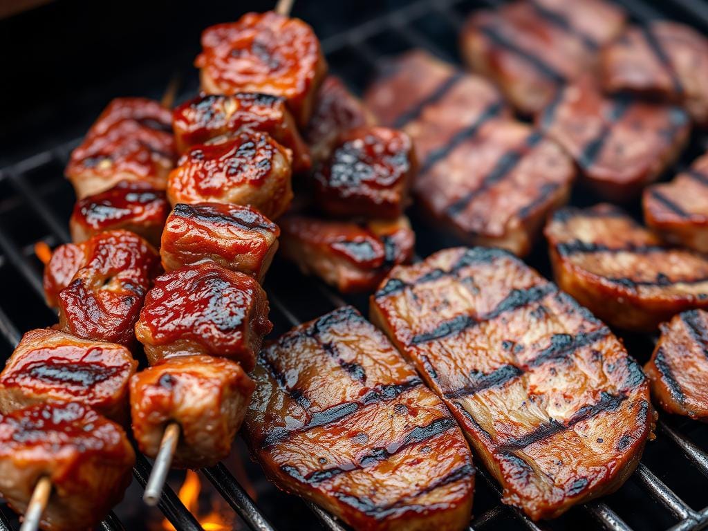 Saftige Fleischspieße und Steaks auf einem Grill Saftige Fleischspieße und Steaks auf einem Grill