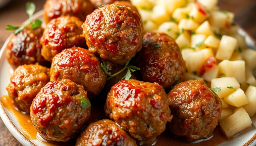 Saftige Frikadellen mit knuspriger Kruste auf einem Teller angerichtet Saftige Frikadellen mit knuspriger Kruste auf einem Teller angerichtet