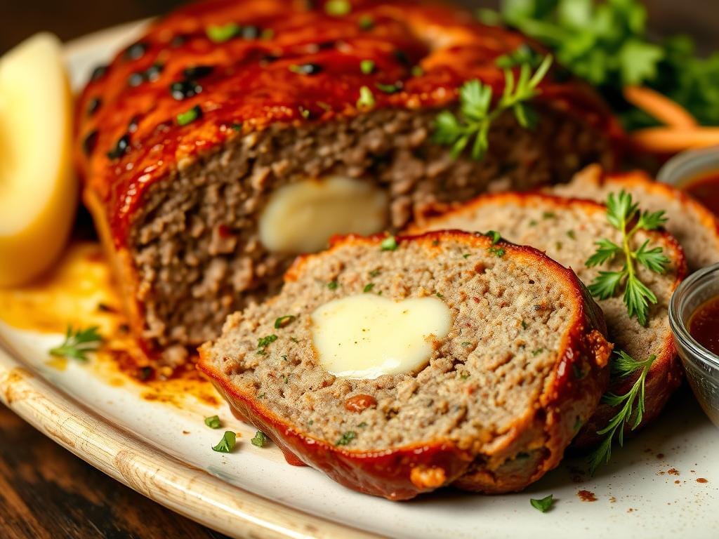 Saftiger Hackbraten mit Käsefüllung und Kräutern Saftiger Hackbraten mit Käsefüllung und Kräutern