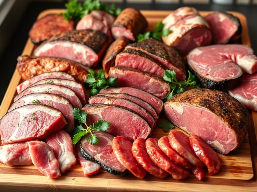 Verschiedene Fleischstücke auf einem Holzbrett mit Kräutern Verschiedene Fleischstücke auf einem Holzbrett mit Kräutern