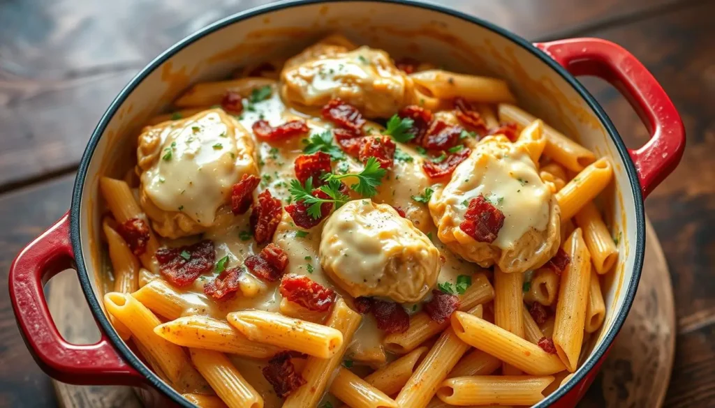 Crack Chicken Penne in a creamy ranch sauce with bacon, cheddar, and tender chicken.