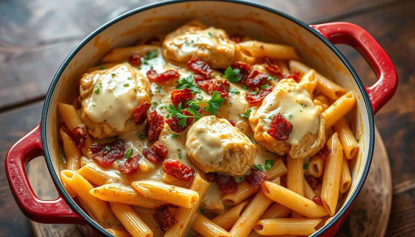 Crack Chicken Penne in a creamy ranch sauce with bacon, cheddar, and tender chicken.