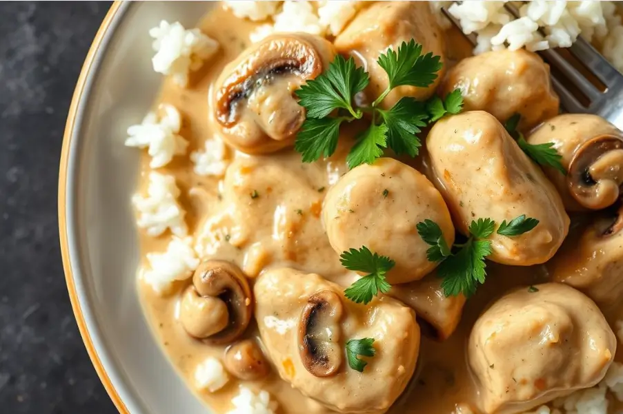 Cremiges Hähnchengeschnetzeltes mit Champignons in Sahnesoße aus der Pfanne